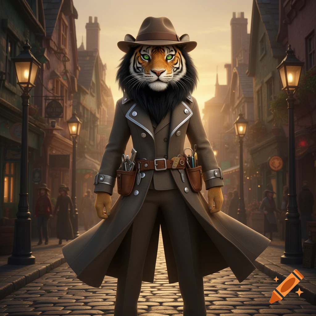 A 3D anthropomorphic tiger detective in a trench coat and fedora stands on a cobblestone street at sunset in a European-style town.