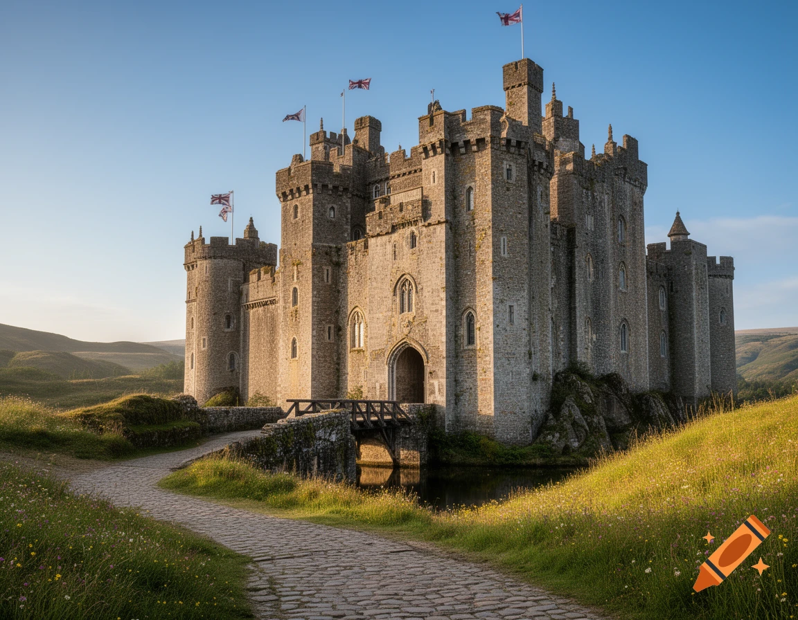 A majestic medieval castle with multiple towers and battlements ...