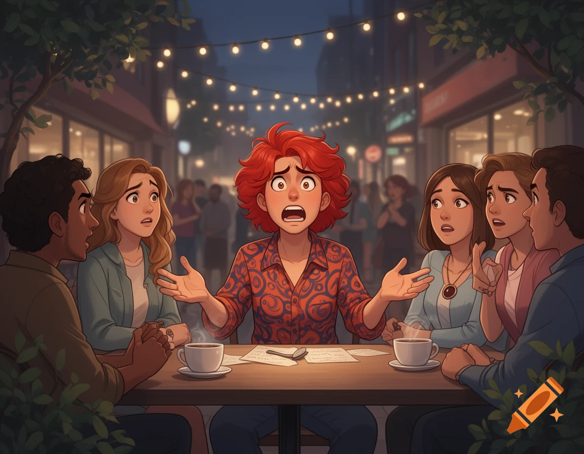 Cartoon of five friends at an outdoor cafe at night, a red-haired ...