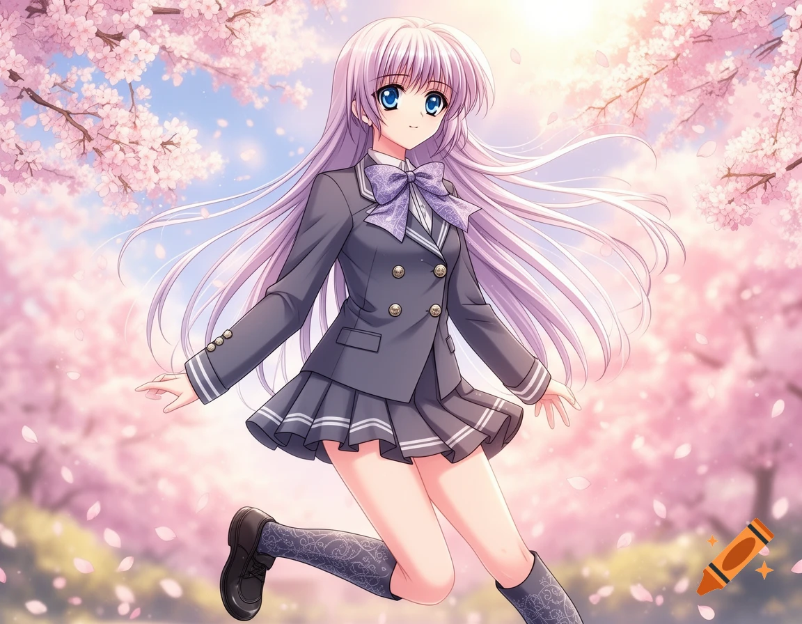Anime girl with long lavender hair in a gray school uniform, smiling amidst pink cherry blossoms under a sunny sky.