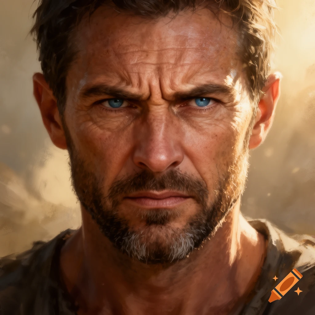 Close-up photorealistic portrait of a stern, rugged man with blue eyes and a beard.