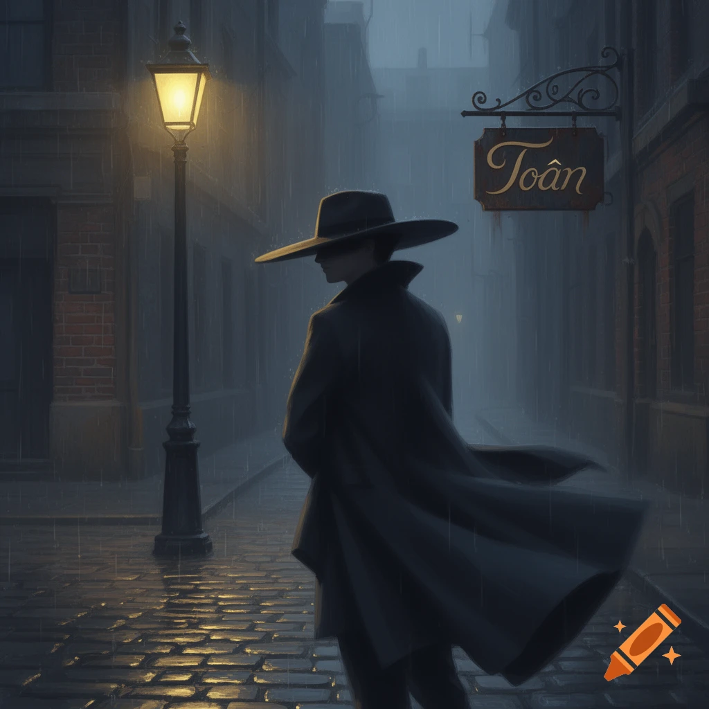 A mysterious figure in a wide-brimmed hat and trench coat walks on a rainy cobblestone street at night, illuminated by a streetlamp.