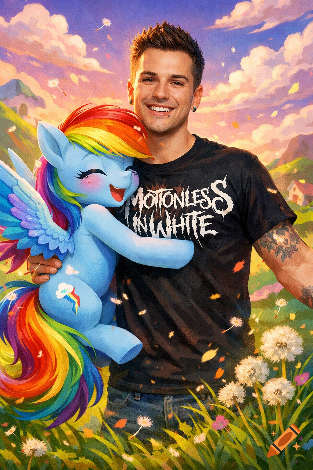 A smiling man with piercings and a Motionless In White t-shirt hugs Rainbow Dash in a vibrant field under a cloudy sky.