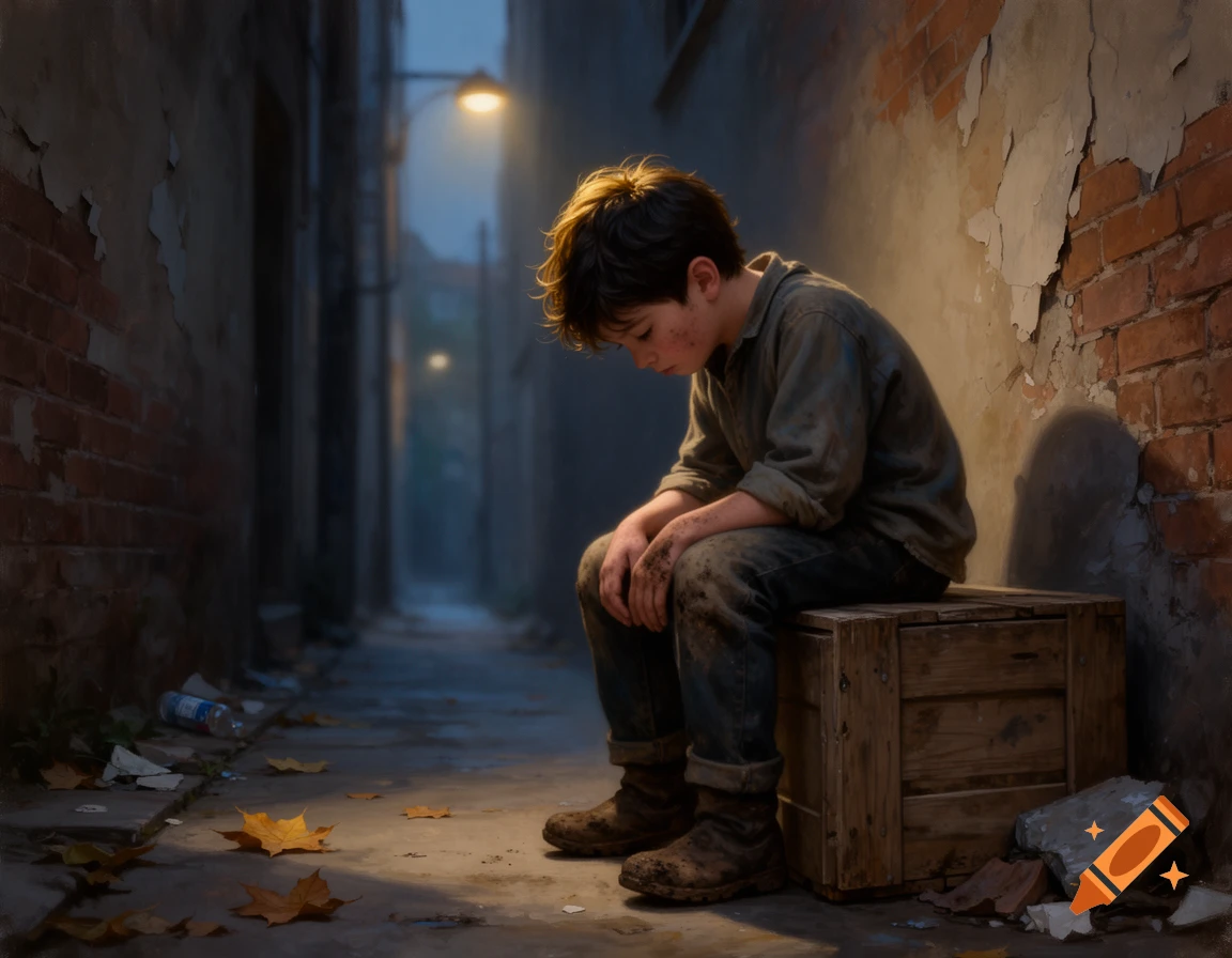 A somber young boy in dirty clothes sits on a wooden crate in a dark, rundown urban alley, looking downcast. Photorealistic style.