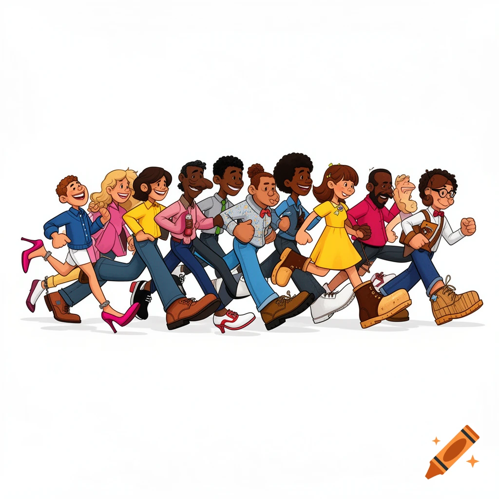 A diverse group of cartoon people, depicted from the waist down, marching forward in various styles of footwear.