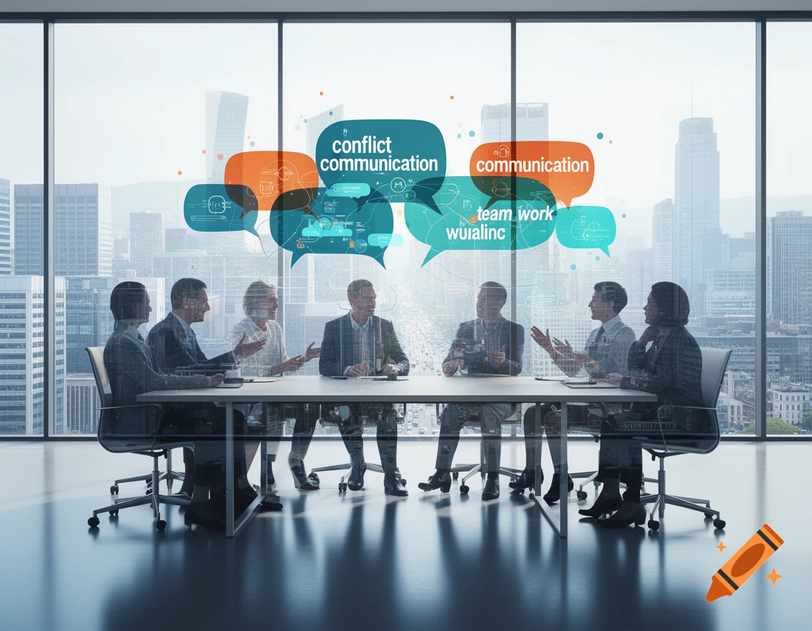 A diverse team of business professionals discusses conflict and communication in a modern meeting room with a city skyline view. Speech bubbles float above their heads with keywords.
