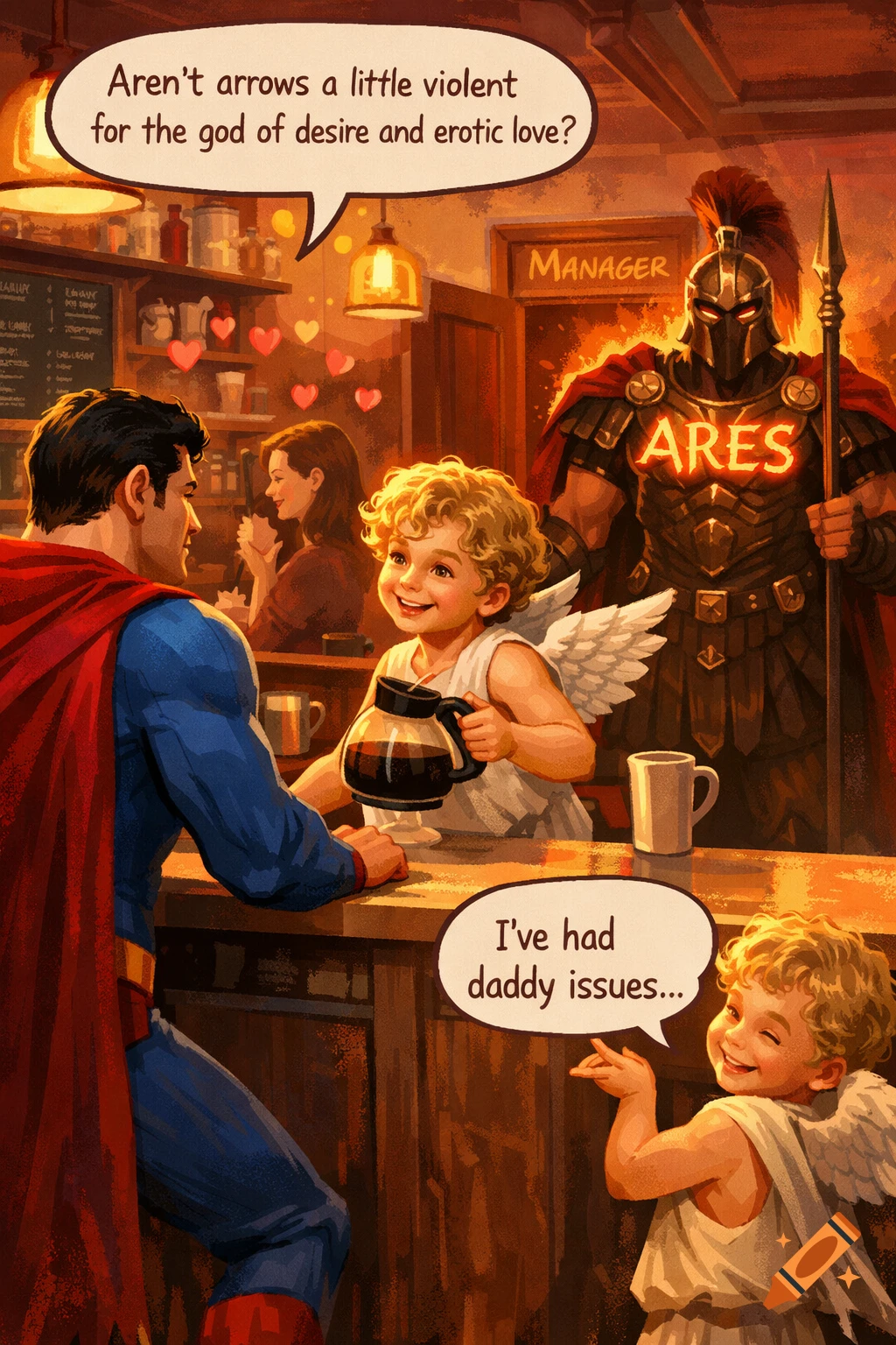 Superman talks to Cupid the barista in a coffee shop, with Ares, the manager, standing menacingly behind them in a comic book art style.