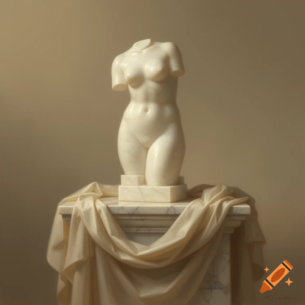 A photorealistic marble sculpture of a headless, armless female torso stands on a draped pedestal.