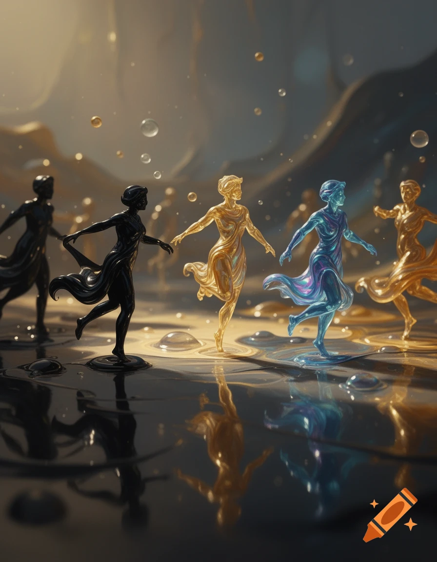 Multiple luminous, stylized figures made of black, gold, and blue oil dance across a reflective oil surface, surrounded by bubbles.