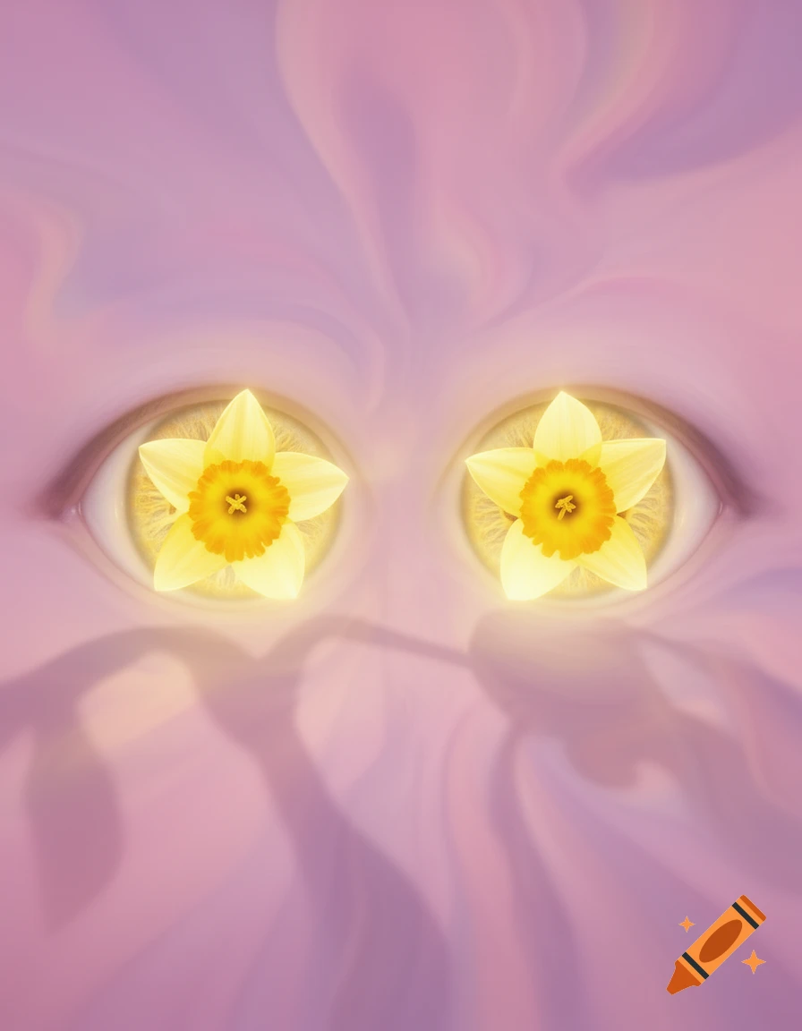 Two stylized yellow eyes with daffodils as pupils, glowing against a soft pink and purple swirling background.