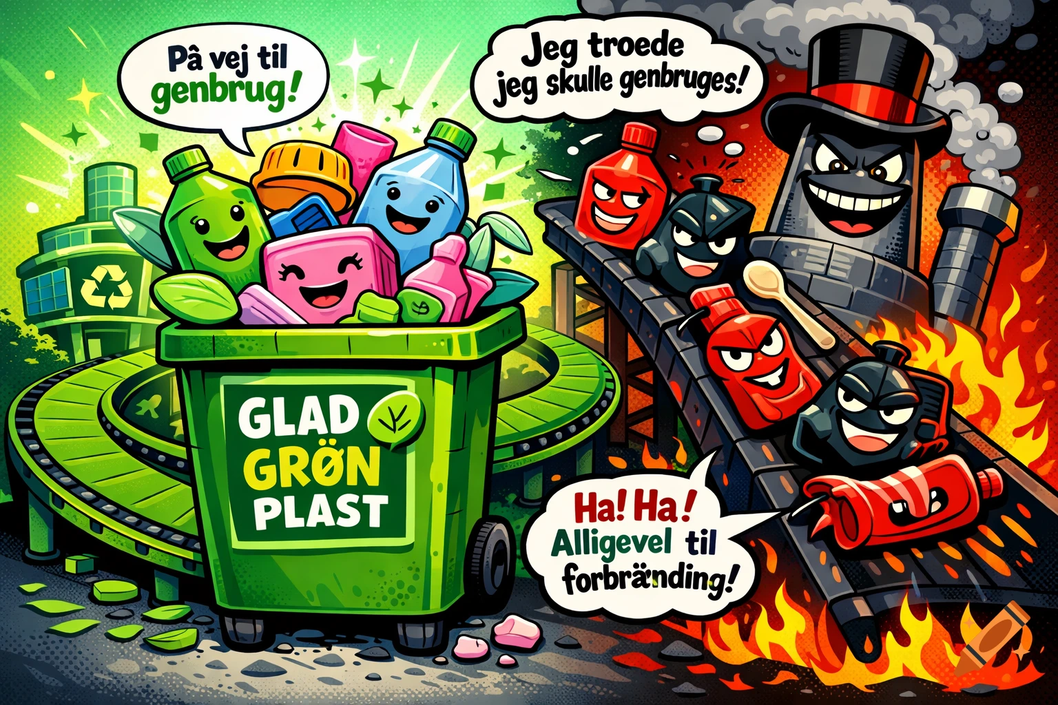 Cartoon image showing happy green plastics going to recycling, while evil-looking red and black plastics are sent to an incinerator with a smoke stack wearing a top hat.