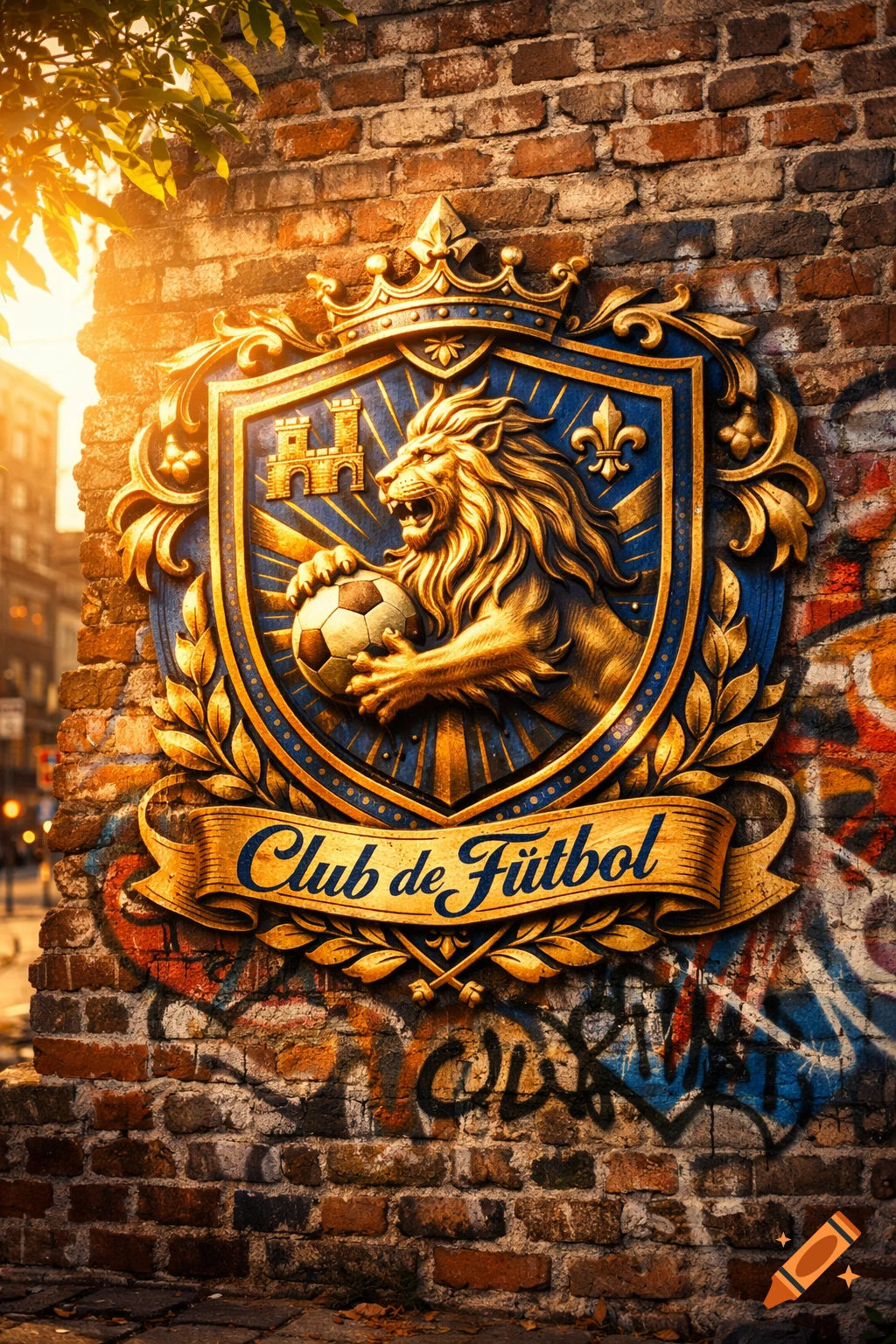A golden football crest with a lion holding a soccer ball and 'Club de Fútbol' text, mounted on a brick wall with graffiti.