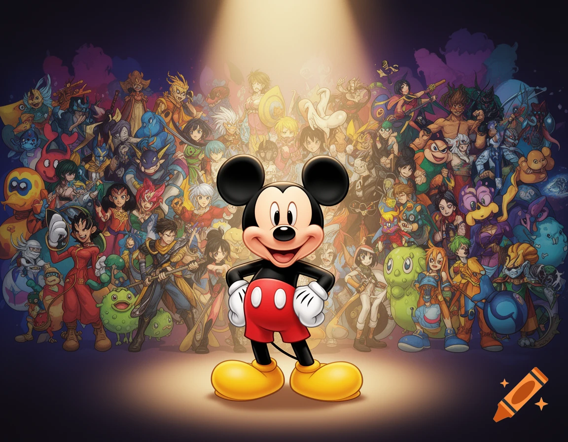 Mickey Mouse stands smiling under a spotlight, surrounded by a large crowd of various anime and cartoon characters.