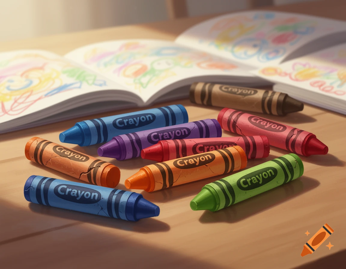 Colorful crayons, some with cracked wrappers, are scattered on a wooden table next to an open coloring book with scribbles.