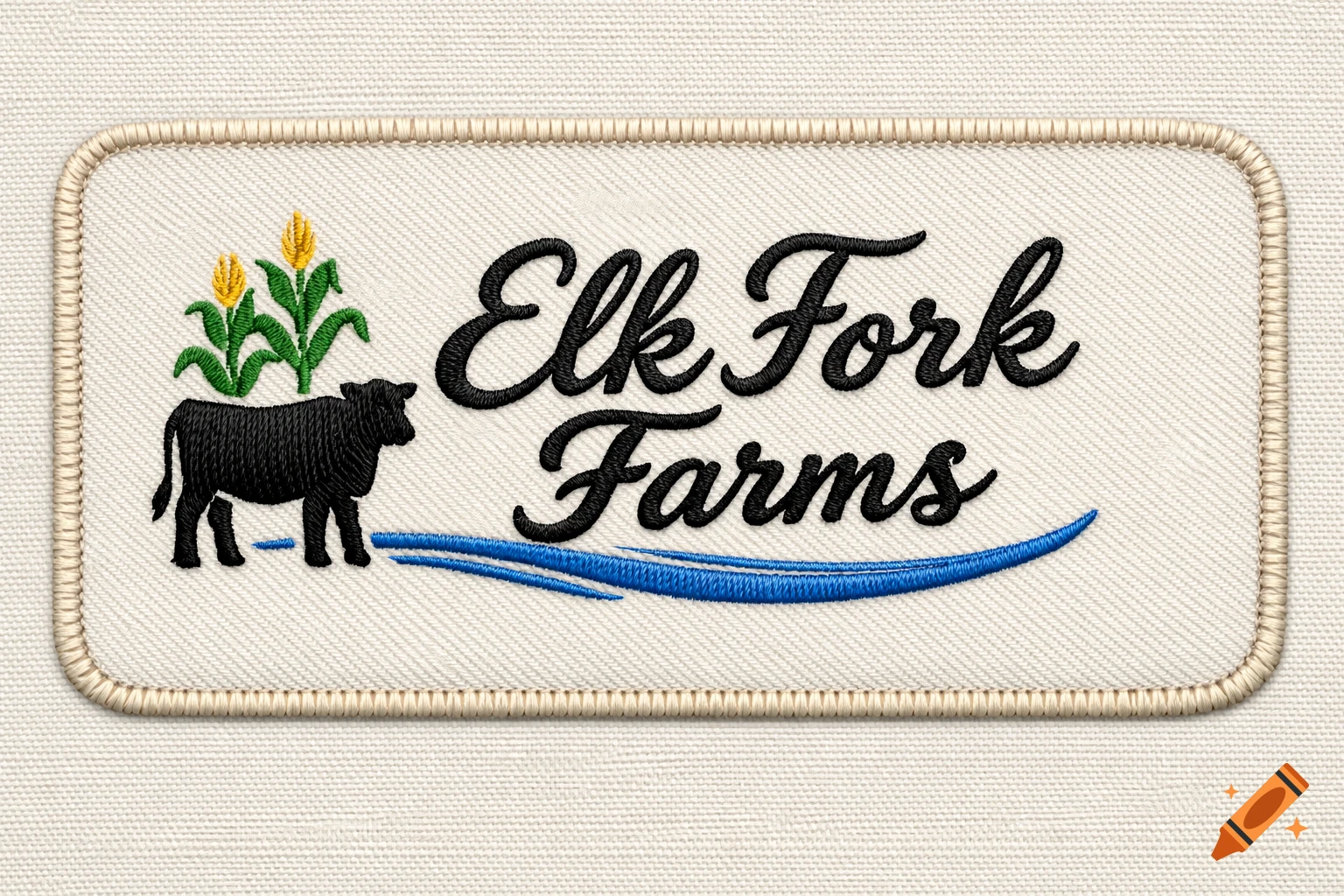 Embroidered logo patch for Elk Fork Farms with black cursive text, a black cow silhouette, and two green corn stalks above blue wavy lines on an off-white fabric.