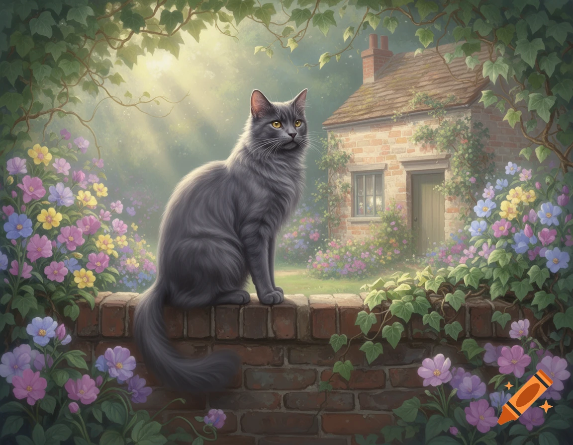 A fluffy gray cat sits on a brick wall in a vibrant garden filled with colorful flowers, with a small cottage in the background.