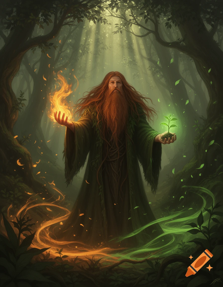 A druid with a long auburn beard and green robe stands in a mystical ...