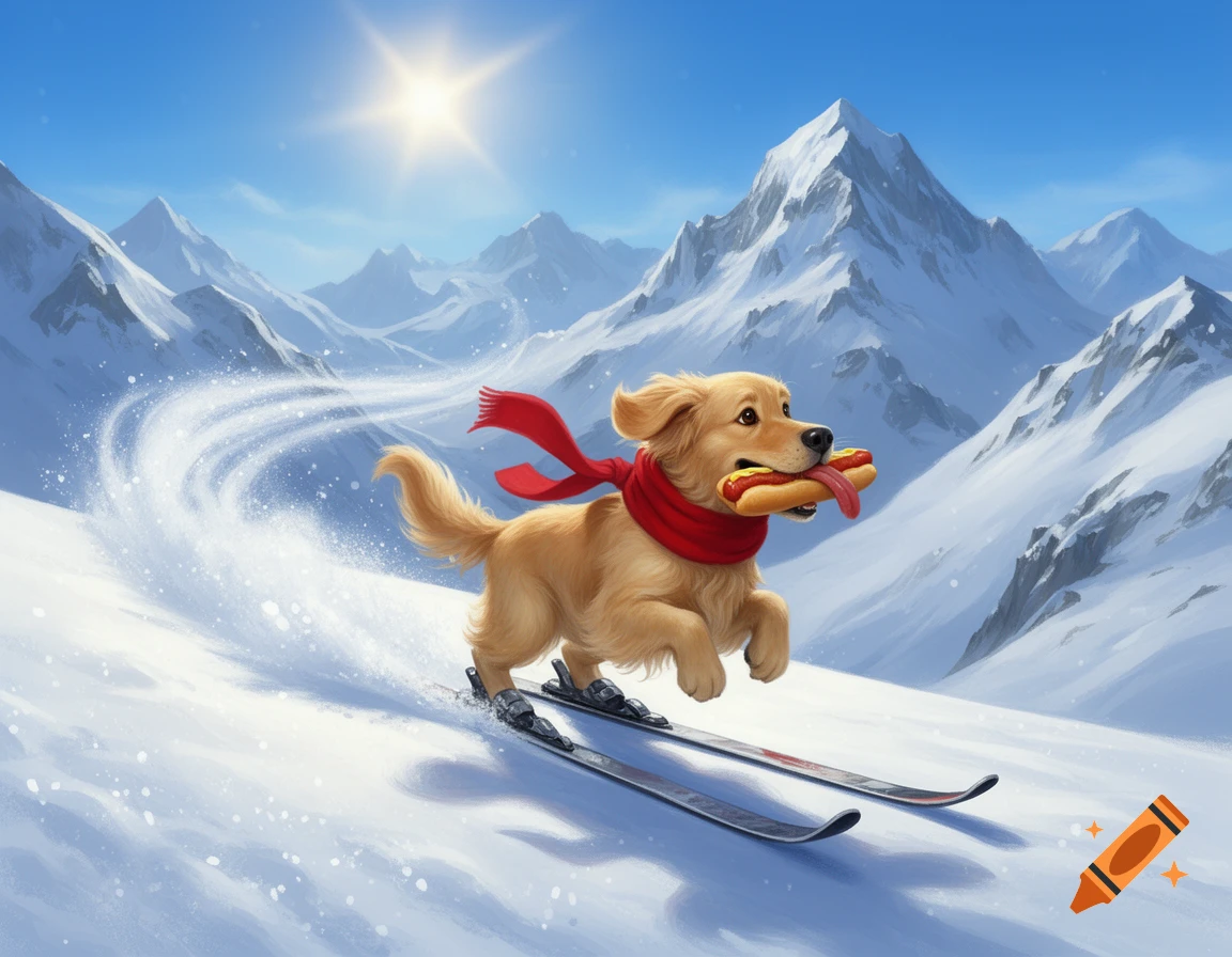 A golden retriever wearing a red scarf skis down a snowy mountain slope, carrying a hot dog in its mouth, under a bright sun.