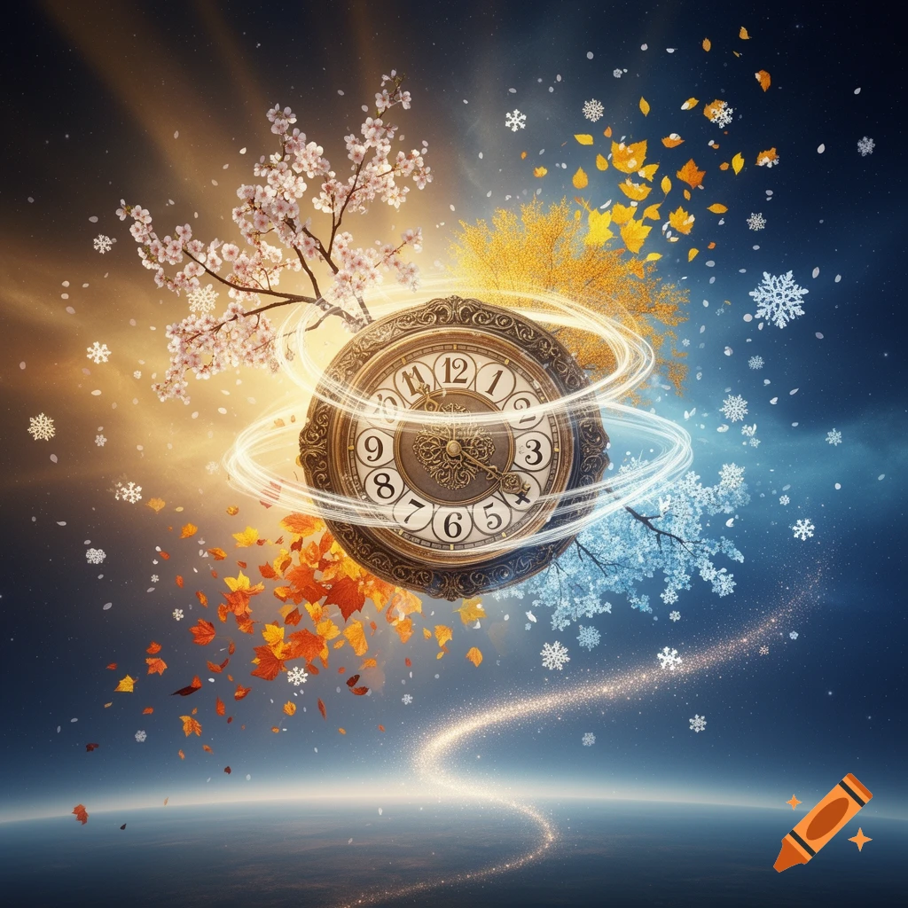 A grand ornate clock floats in space, surrounded by blooming cherry blossoms, falling autumn leaves, and winter snowflakes against a vibrant cosmic sky.