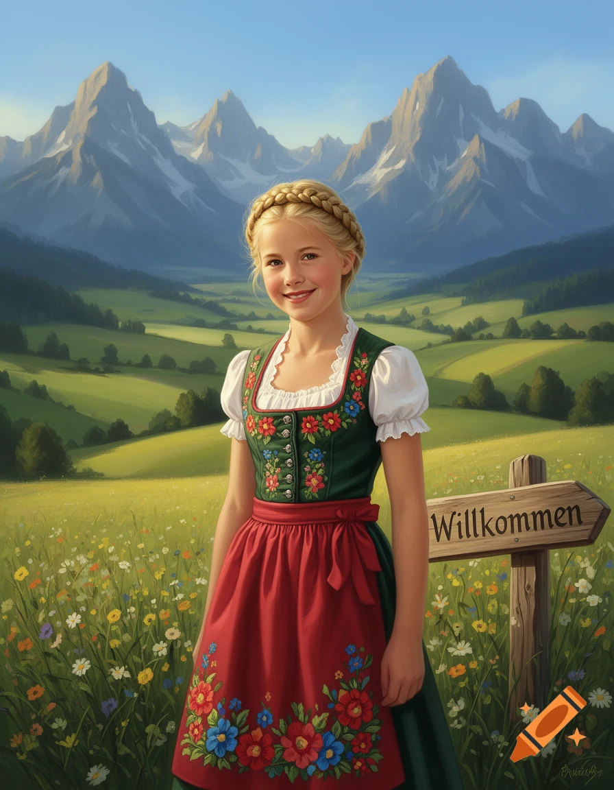 A smiling young girl in a traditional German dirndl stands in a wildflower meadow with mountains in the background and a 'Willkommen' sign.