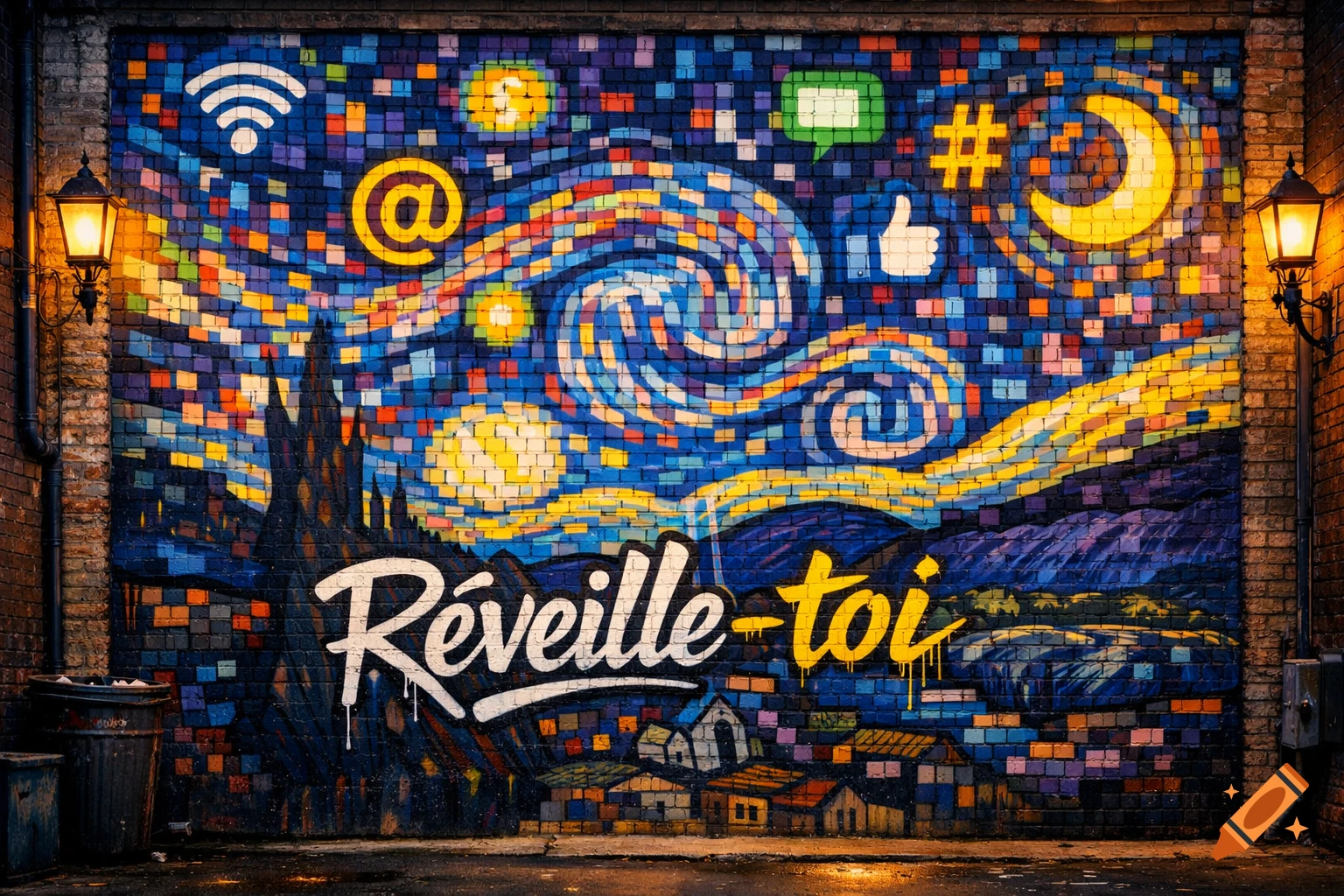 A vibrant mosaic-style mural on a brick wall, depicting a 'Starry Night' scene with social media icons and the French text 'Réveille-toi' (Wake up!).