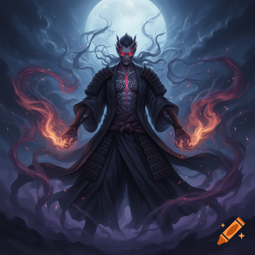 A powerful, red-eyed demonic figure in dark samurai attire holds fire, against a full moon and swirling smoke in a dark fantasy illustration.