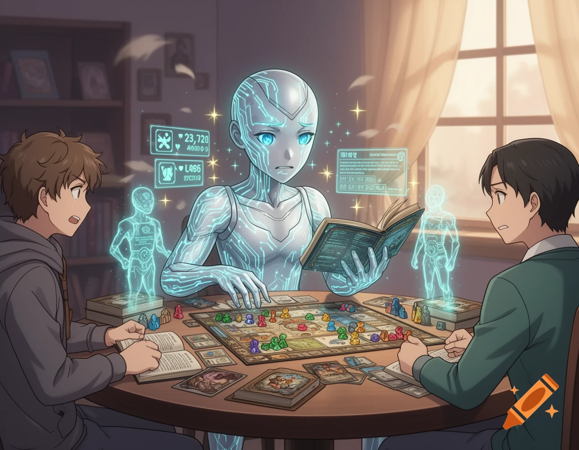 Two anime boys and a futuristic robot with glowing blue circuits play a board game at a table, with holographic displays floating around them.