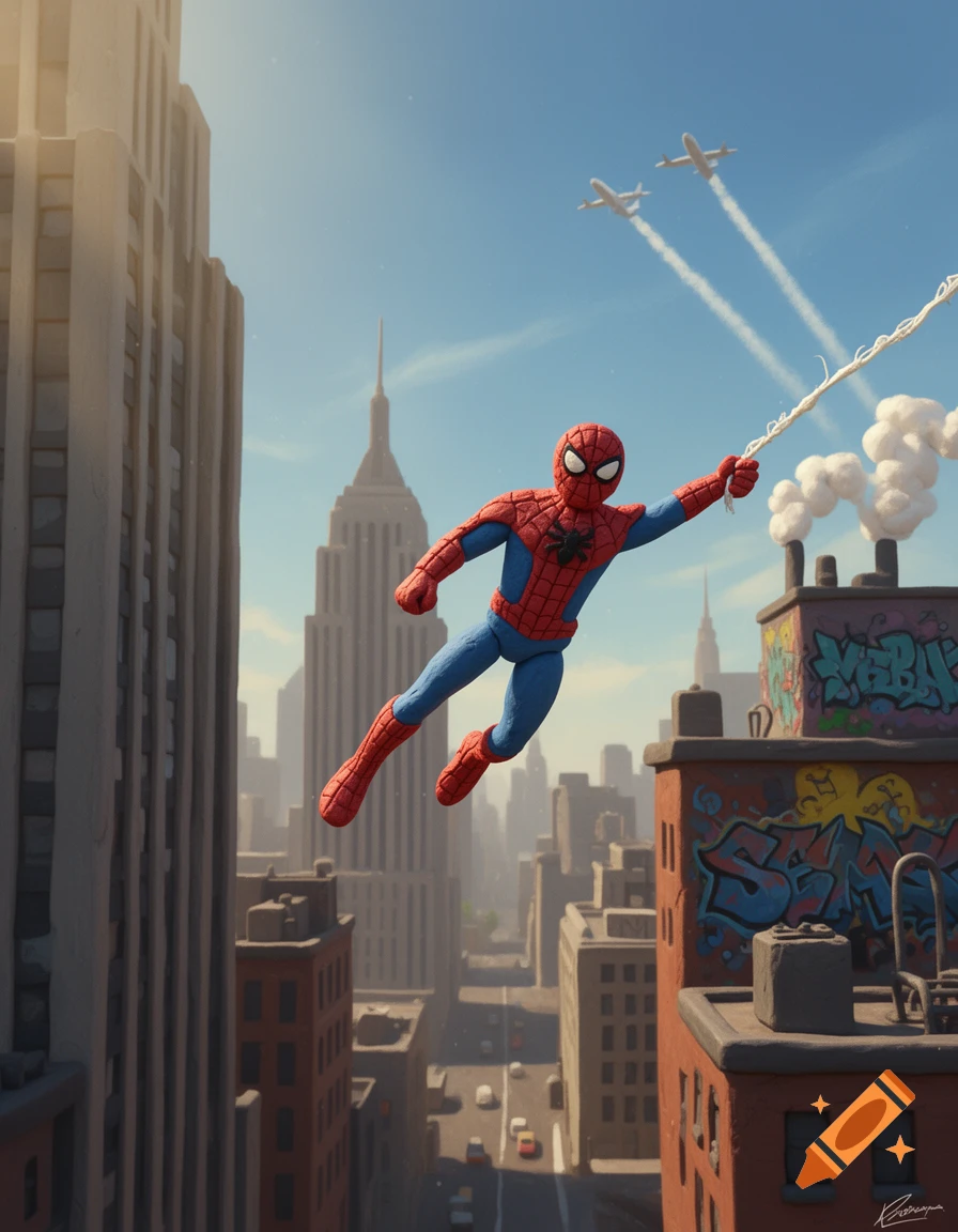 Claymation Spider-Man swings through a city skyline with tall buildings, two planes, and graffiti-covered rooftops under a blue sky.