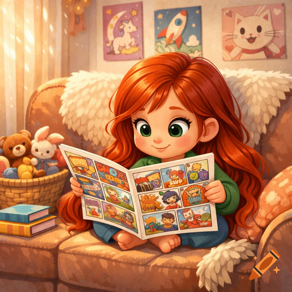 A cartoon girl with long red hair sits on a sofa, happily reading a ...