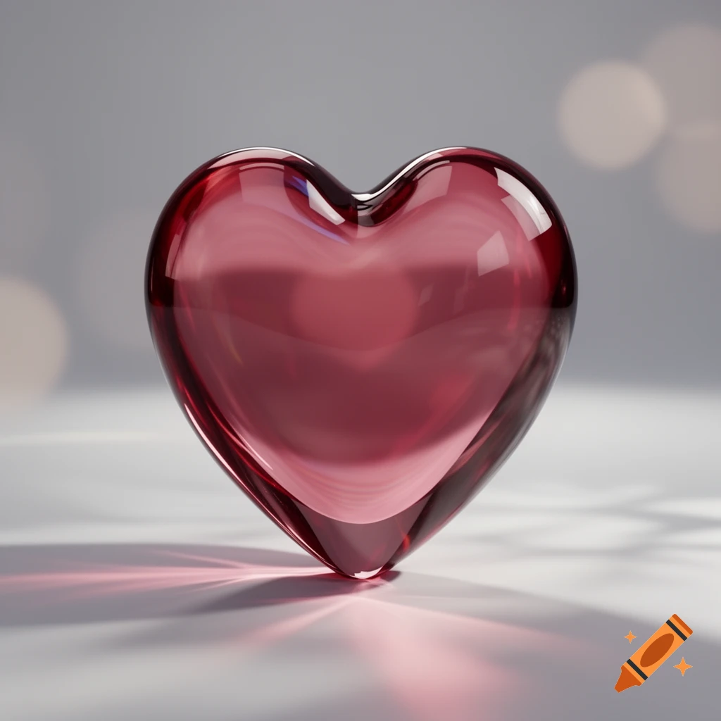 A close-up of a glossy, translucent red heart-shaped glass reflecting light on a white surface with a blurry background.