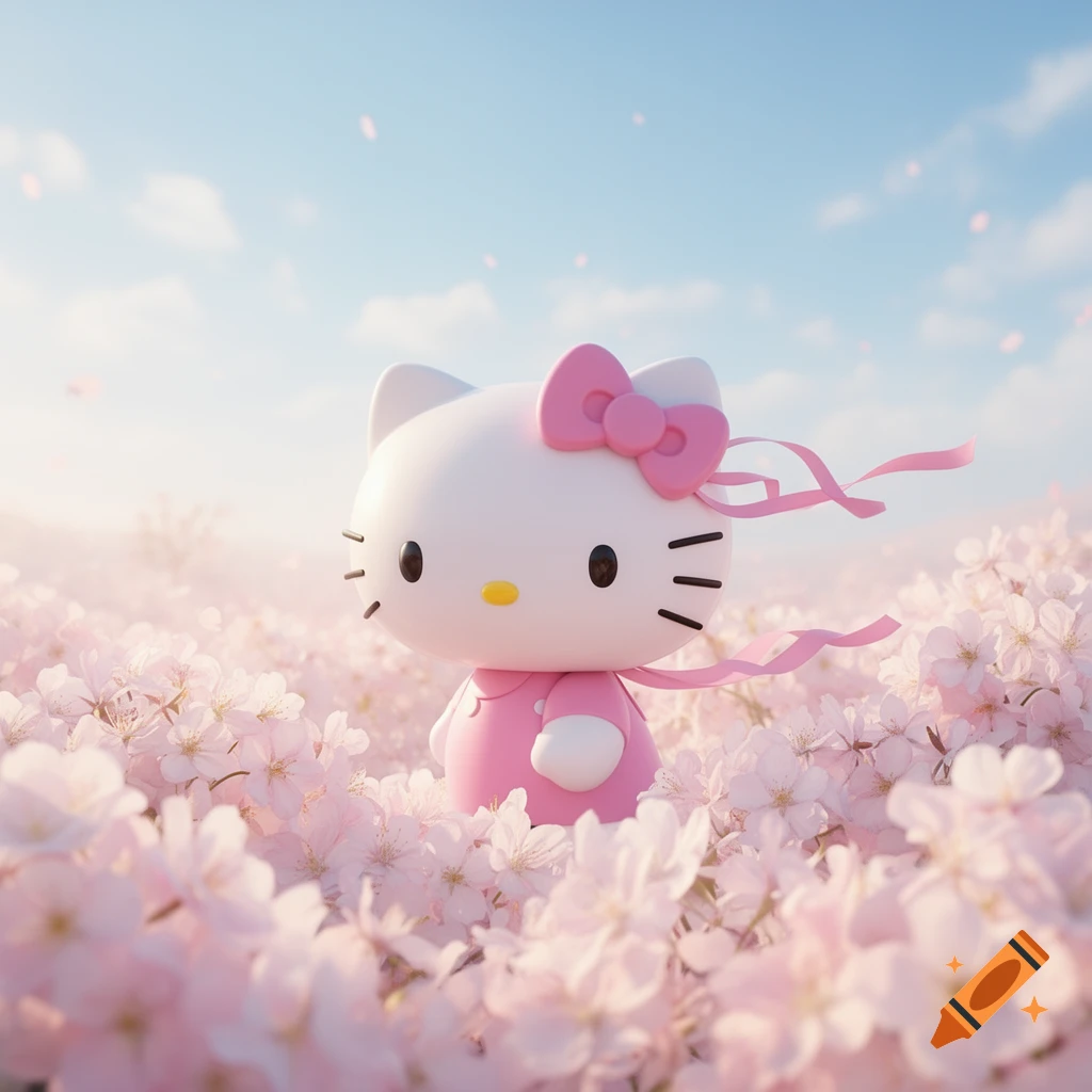 A cute 3D Hello Kitty in a pink dress with a bow stands in a field of light pink cherry blossoms under a blue sky, with petals falling.