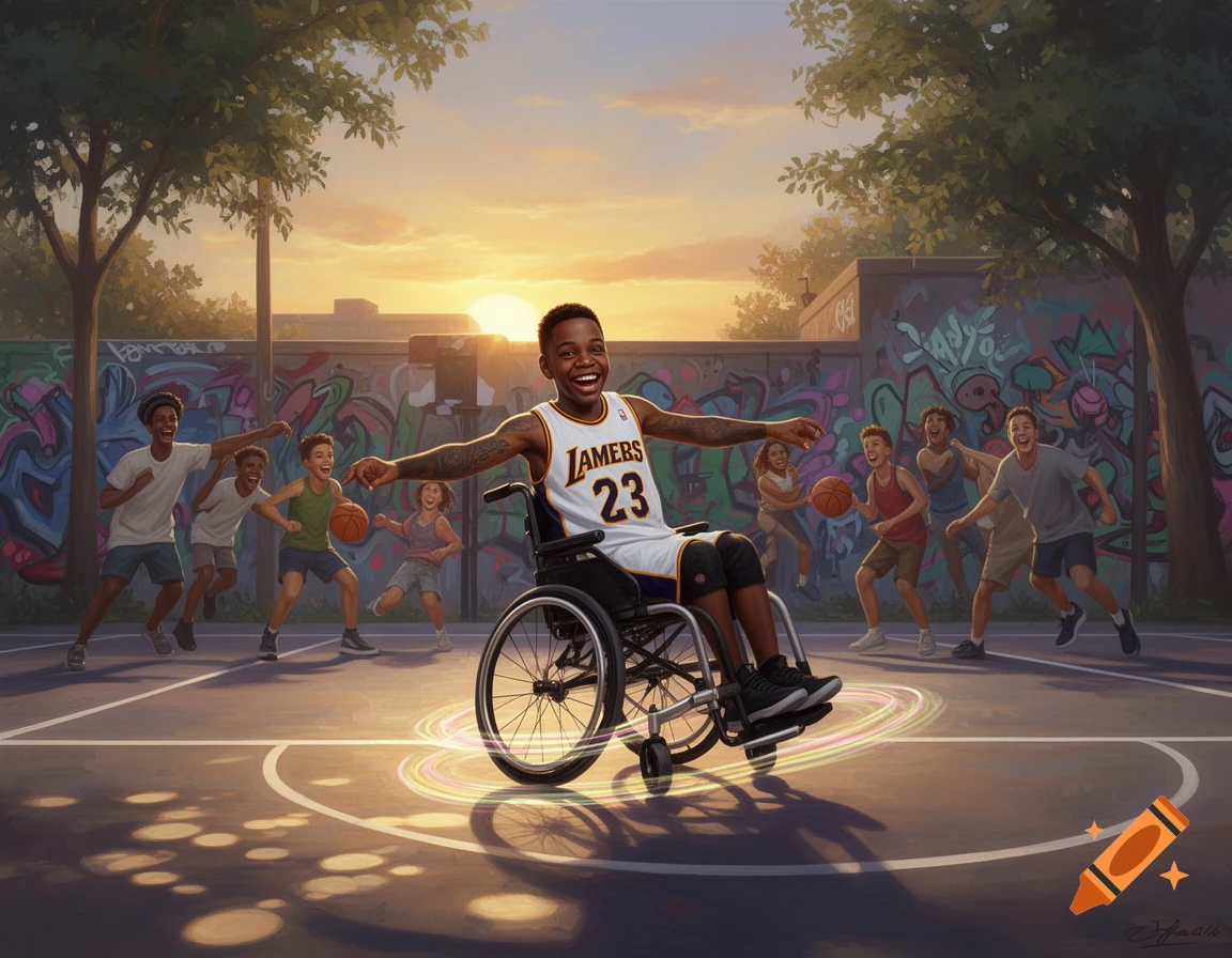 A disabled child in a wheelchair plays basketball on an outdoor court with other children at sunset. The child wears a white and yellow jersey with "LAMERS 23" on it. Colorful graffiti covers a wall in the background.