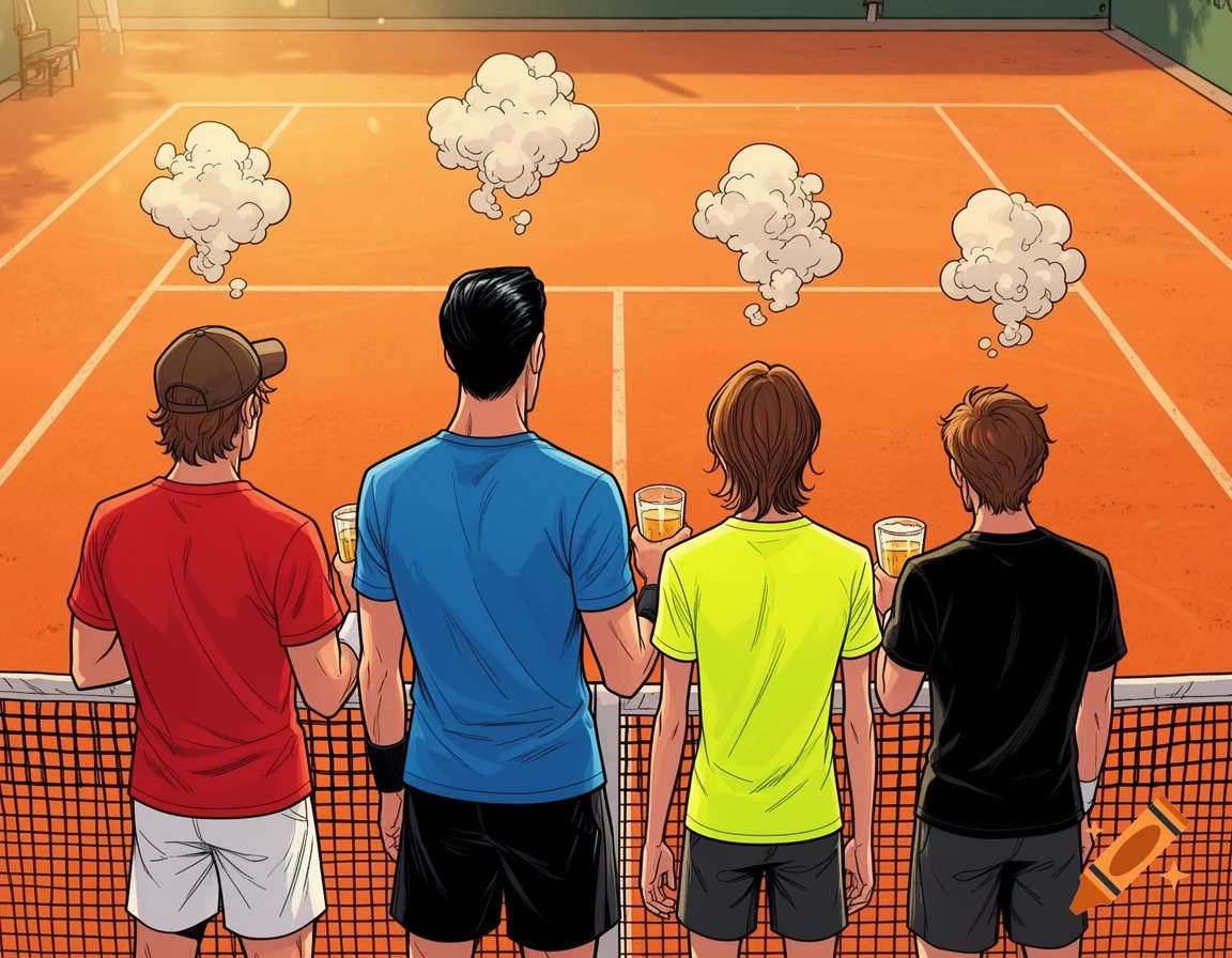 Four male tennis players from behind, holding beers on a clay court with thought clouds, comic art style.