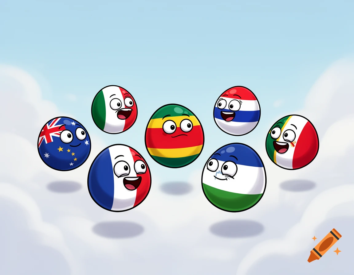 Cartoon egg-shaped countryball characters, each with a flag design and expression, float in a cloudy sky.