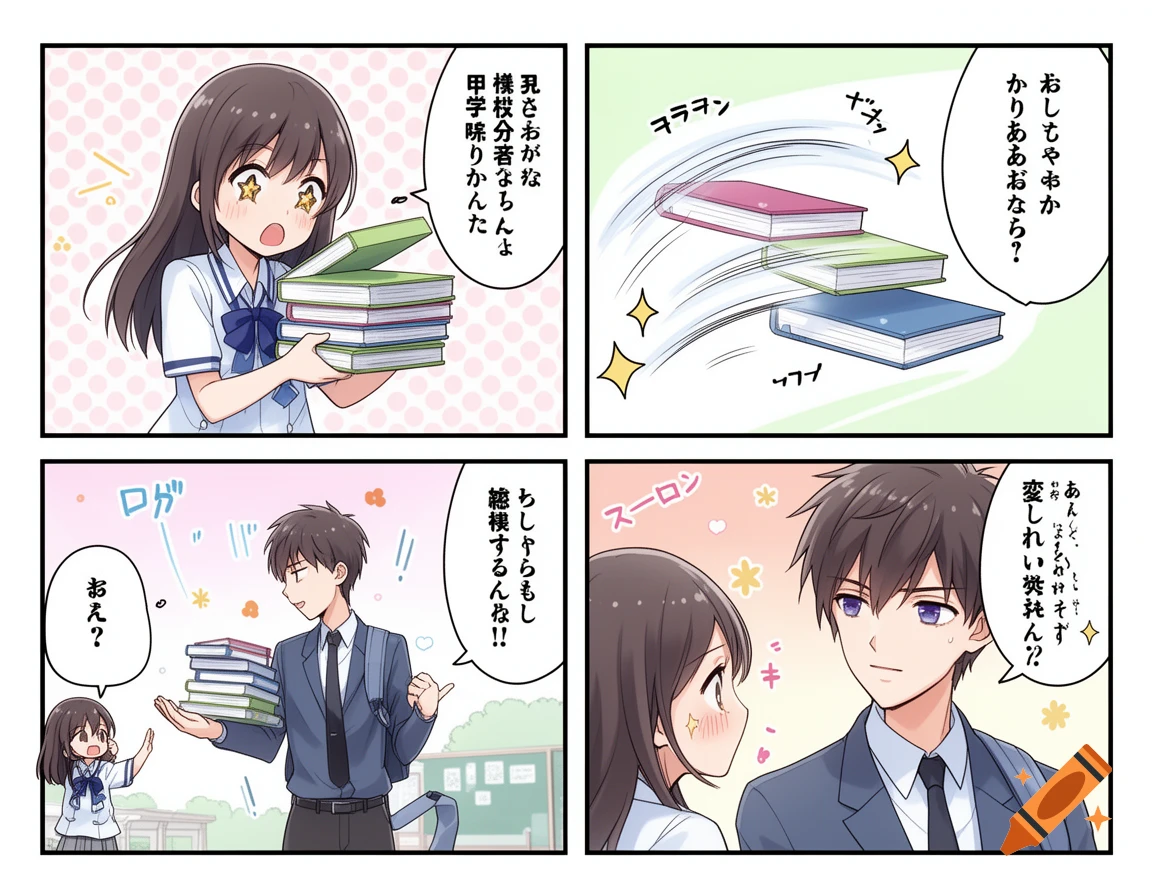 An anime comic strip shows a schoolgirl dropping books, which are then caught by a schoolboy who gazes at her.