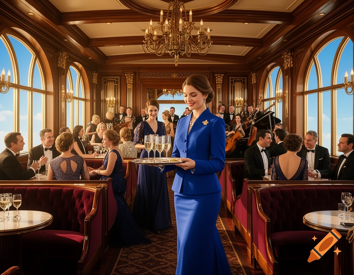 A smiling server in a blue uniform carries a tray of champagne through a luxurious, wood-paneled salon with formally dressed guests, arched windows, and an orchestra playing.