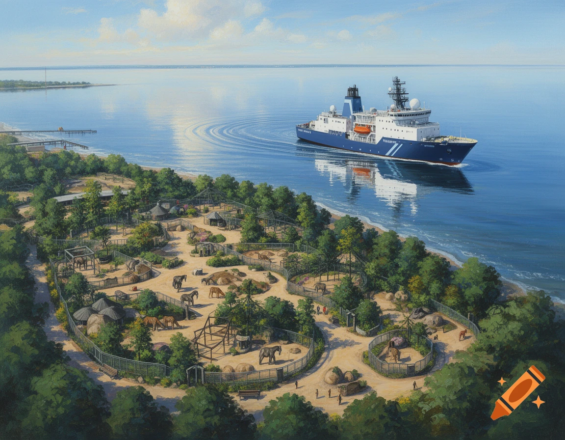 An aerial view painting of a zoo situated by the sea, featuring various animal enclosures and a large research vessel sailing on the water nearby under a blue sky.