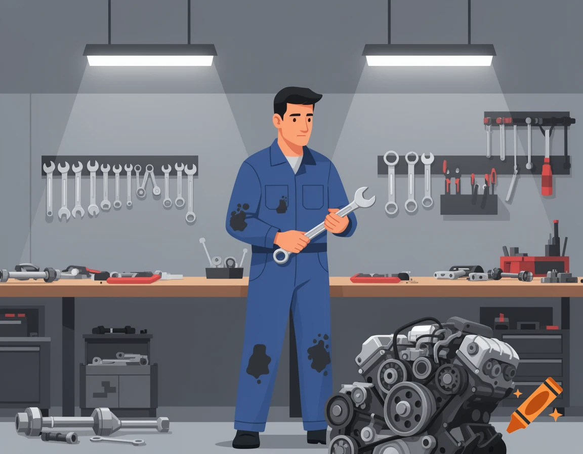 A male mechanic in a blue uniform, stained with oil, stands in a garage holding a wrench, next to a disassembled engine. Flat design illustration.