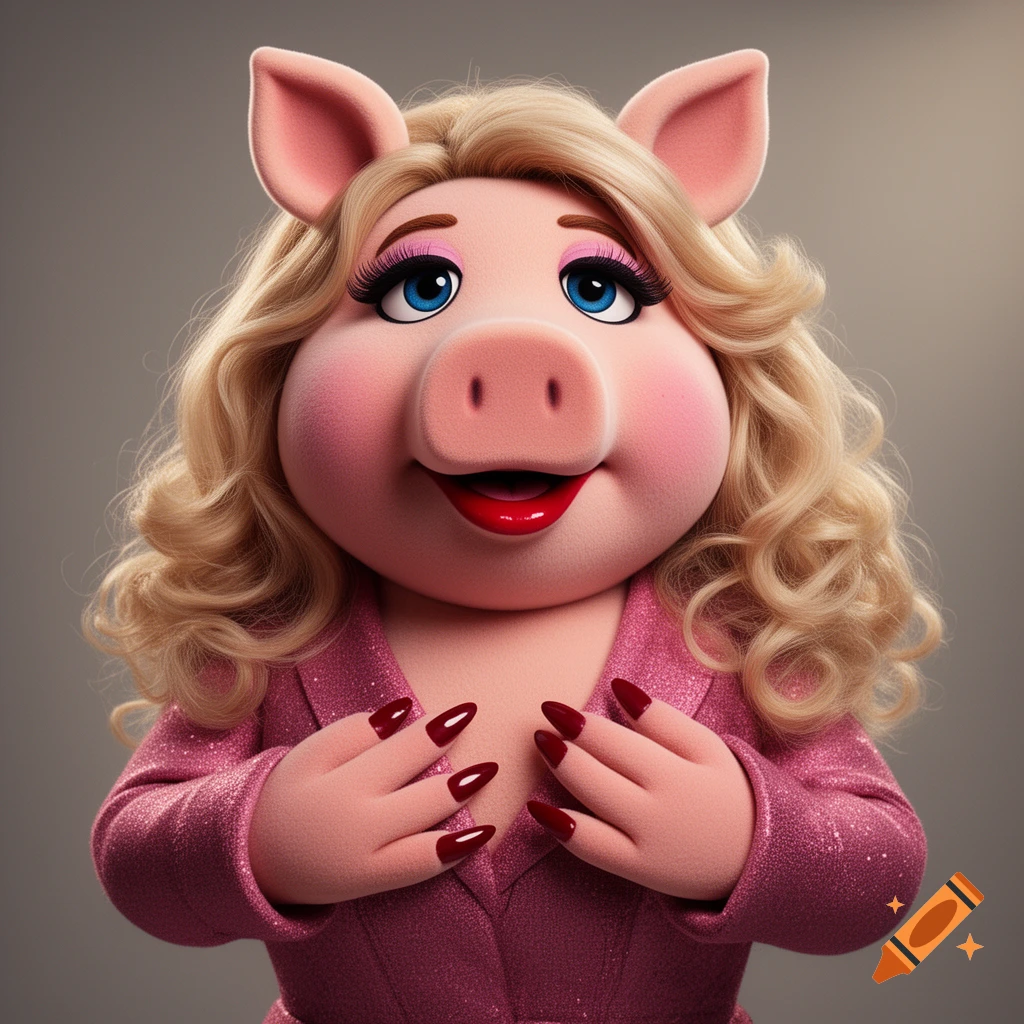 A vibrant, detailed close-up of Miss Piggy, smiling with red lips and long, sharp red nails, wearing a shimmering pink jacket.