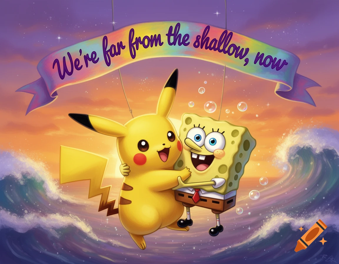 Vibrant cartoon illustration of Pikachu hugging SpongeBob over ocean waves at sunset, beneath a banner reading "We're far from the shallow, now".