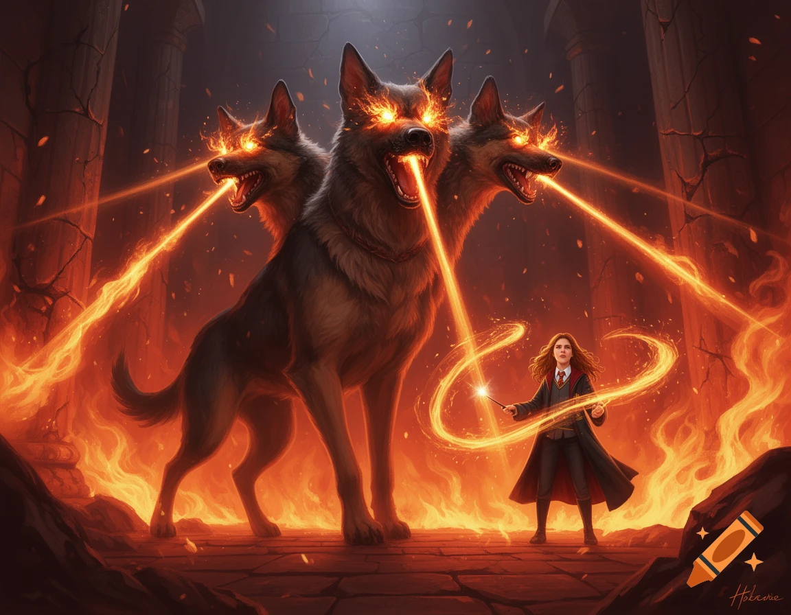 A young witch with a wand stands before a gigantic three-headed dog with glowing eyes and fiery breath, surrounded by flames in a dark cavern.