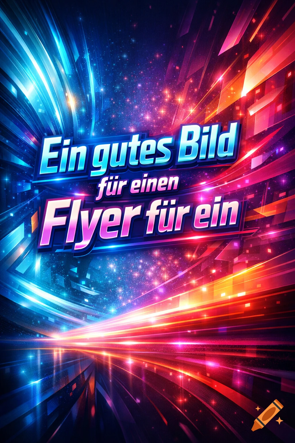 Bright abstract background with glowing blue and red light trails, sparkling particles, and bold 3D text in German.