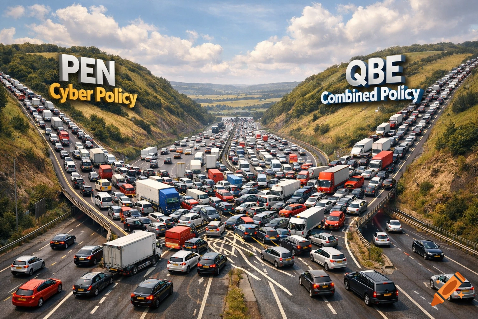 Photorealistic illustration of a massive traffic jam in a valley, with 'PEN Cyber Policy' and 'QBE Combined Policy' on diverging highways.