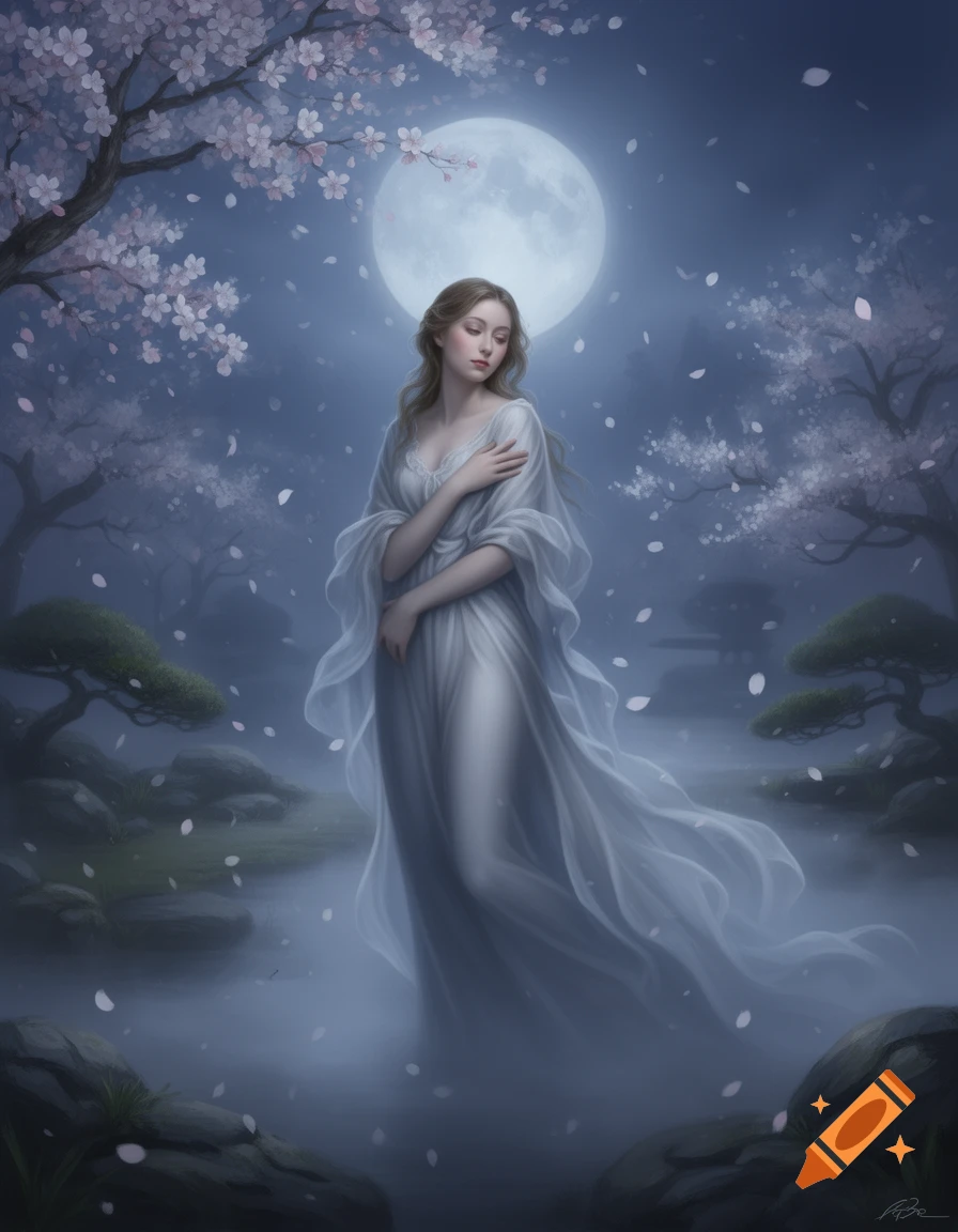 An ethereal woman in a flowing white gown stands in a misty landscape ...