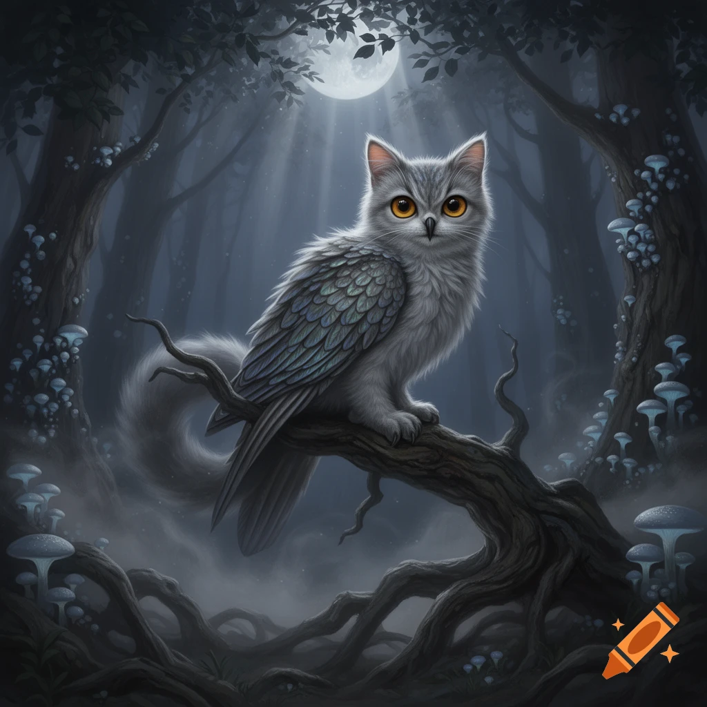 A fluffy gray cat-owl hybrid with bright orange eyes perches on a gnarled branch in a mystical dark forest under a full moon, with glowing blue mushrooms.