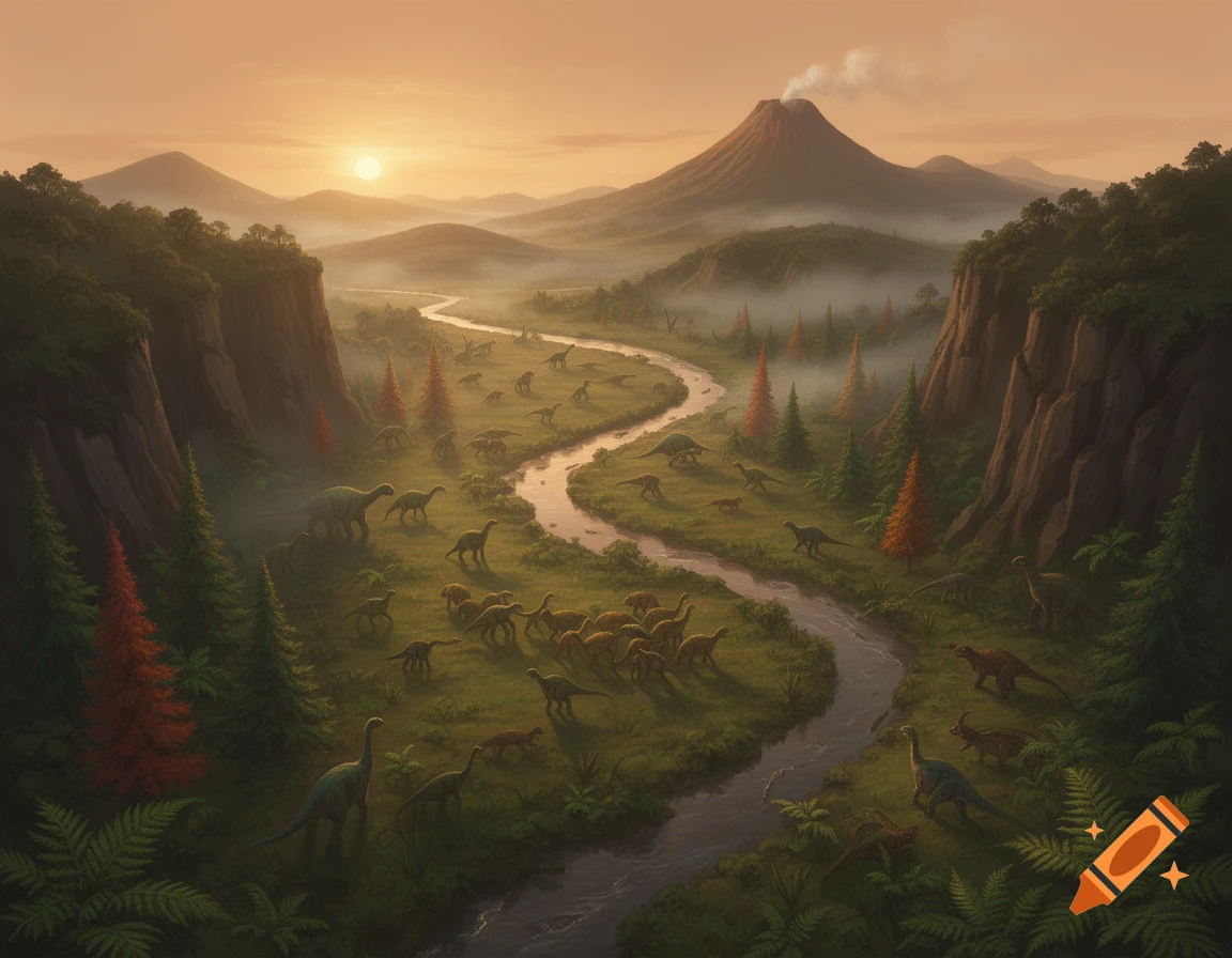 An expansive top view of a lush prehistoric valley at sunset, with a winding river and numerous dinosaurs roaming amongst trees and misty mountains, including a smoking volcano.