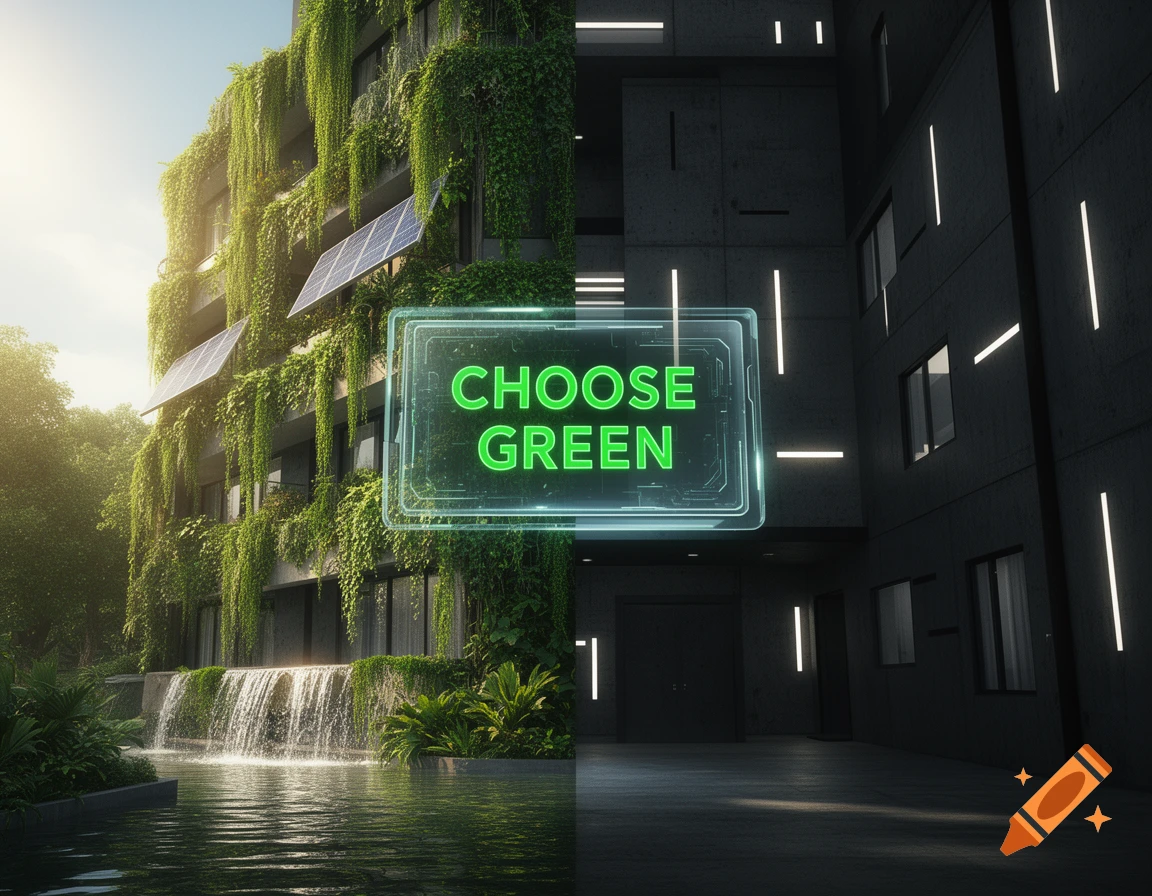 A building split in half: one side green with vines, solar panels, and waterfall, the other dark and modern. A glowing 'CHOOSE GREEN' sign is in the center.