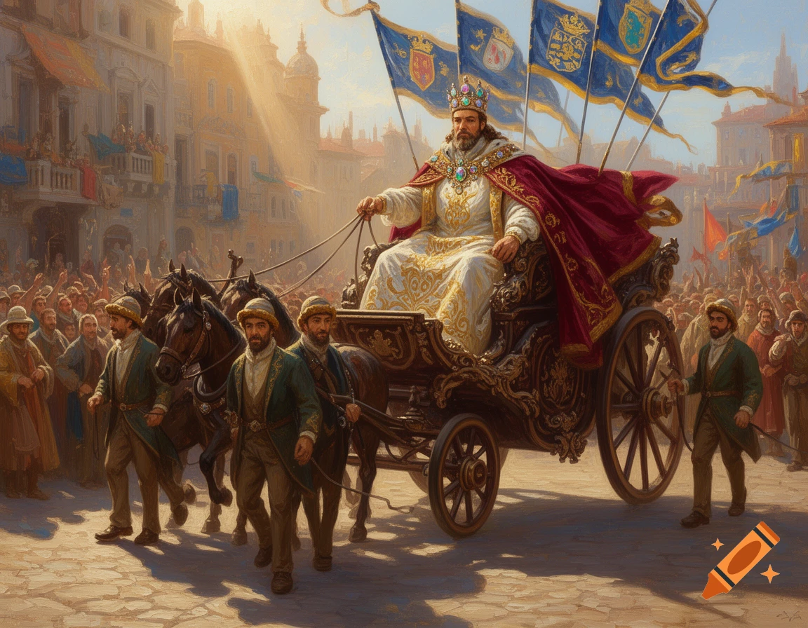 A painting of a king in a gold and red robe, riding a grand carriage pulled by horses through a cheering crowd in a city street.