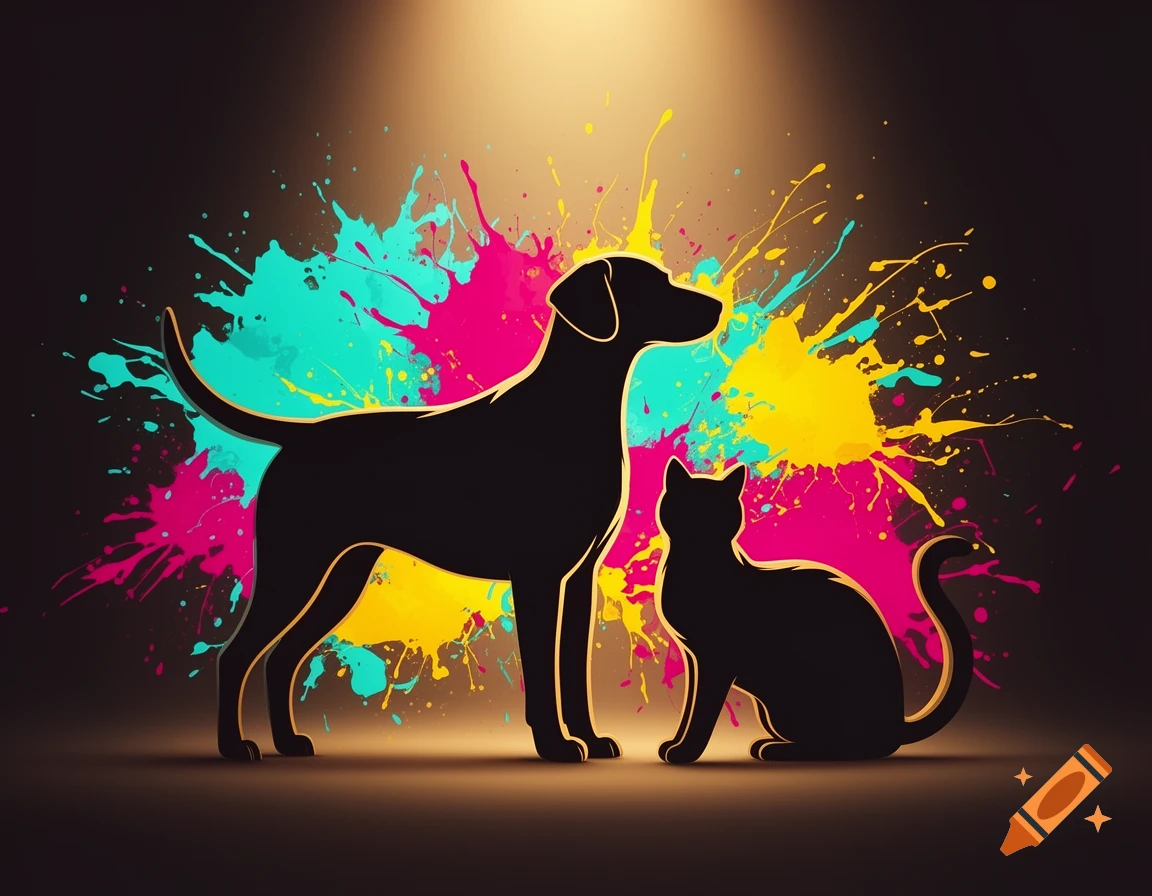 Silhouettes of a dog and a cat standing in front of vibrant cyan, magenta, and yellow paint splotches on a dark background.