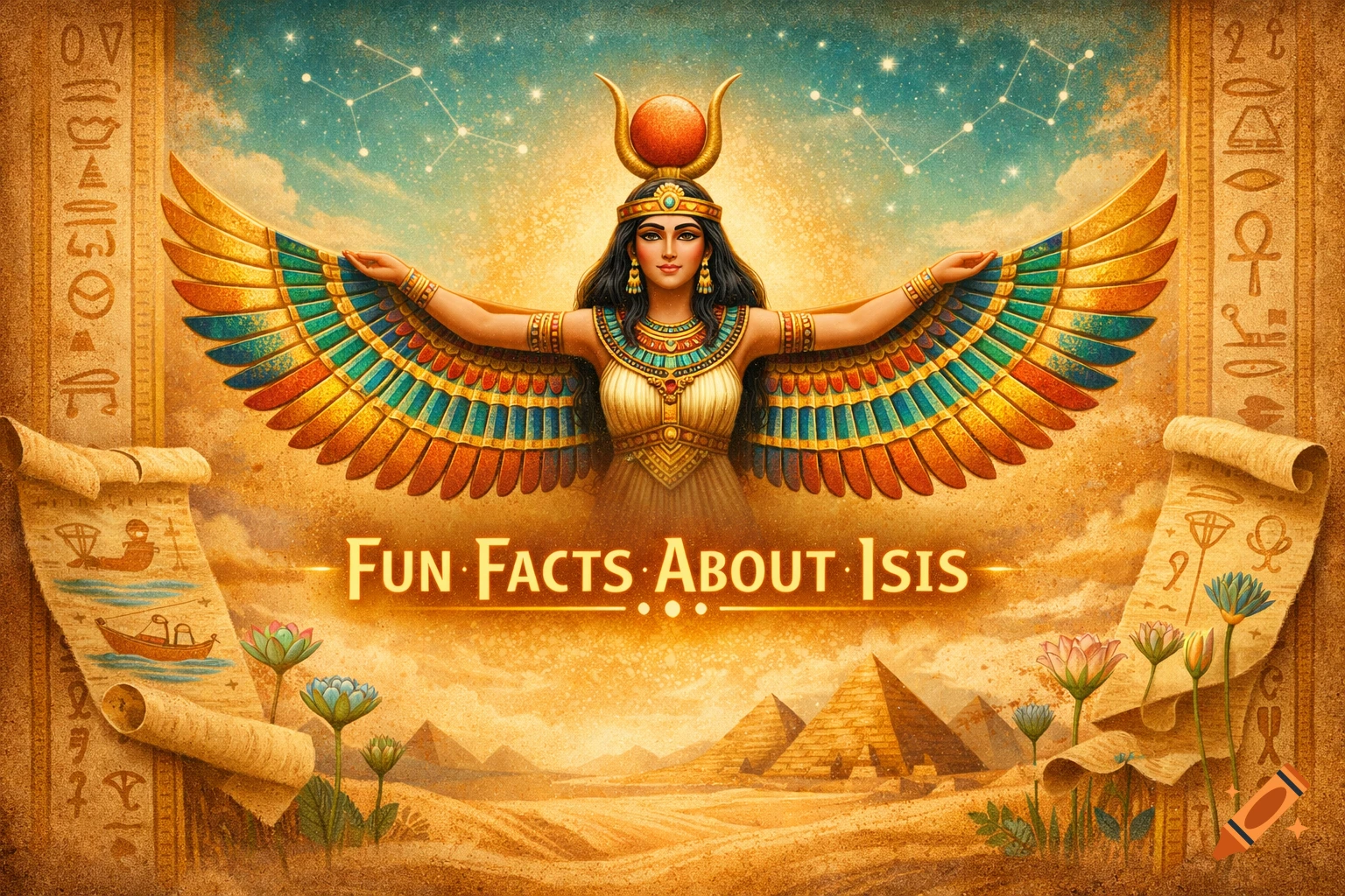 Winged Egyptian goddess Isis in a desert landscape with pyramids, lotus flowers, hieroglyphs, and constellations. Text reads 'Fun Facts About Isis'.